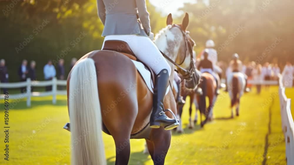 A group of equestrians wearing helmets are riding their horses in line, preparing for show the warm sunlight.
