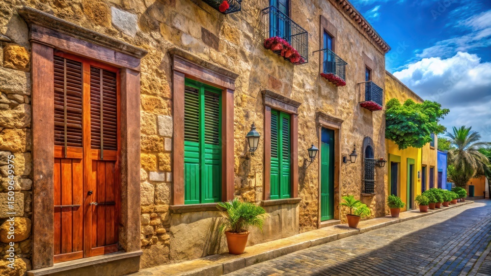 Fototapeta premium Ancient stone walls of Old Town Santo Domingo's colonial architecture with vibrant Caribbean colors and ornate wooden shutters, historic, colonial era