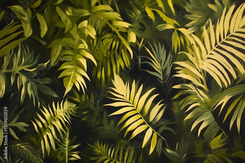 Hand-painted lush greenery composition of tropical leaves showcasing nature's beauty