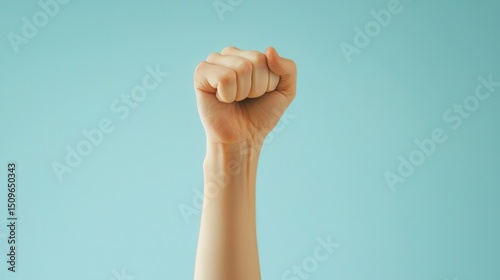 A human hand holding a clenched fist against a blue background. photo