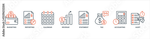 fiscal year banner web icon set vector illustration concept with icon of budgeting, reporting, calendar, revenue, statement, tax, accounting, audit