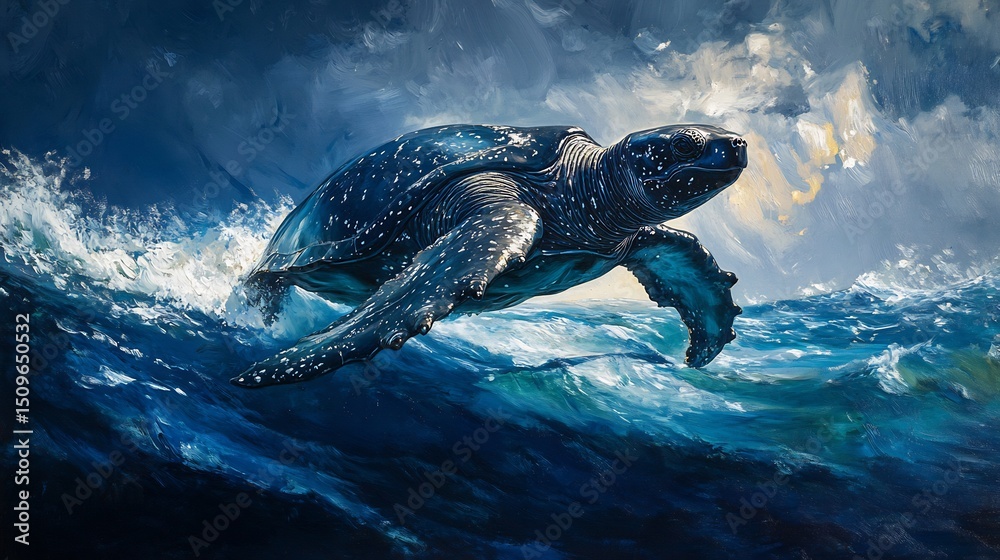 Fototapeta premium Colossal leatherback sea turtle navigating the open ocean its massive form shadowed by the waves deep blue hues cinematic marine realism