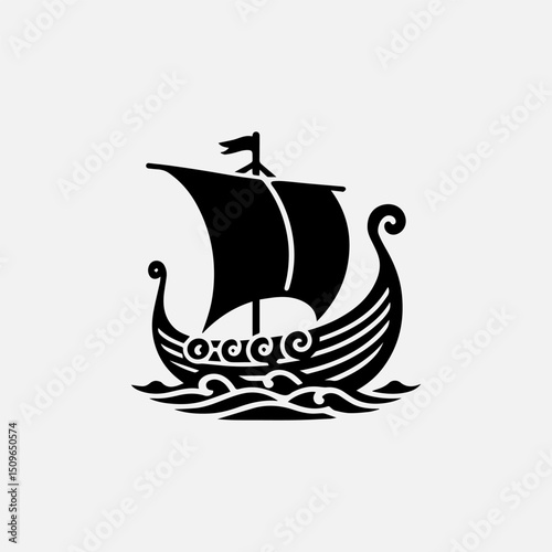A powerful black silhouette vector logo of a traditional Viking longboat sailing on stylized waves