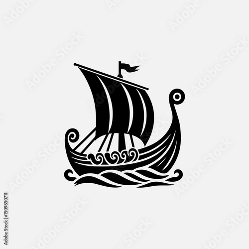 A powerful black silhouette vector logo of a traditional Viking longboat sailing on stylized waves