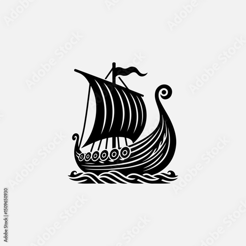 A classic black silhouette vector logo of a traditional Viking longboat sailing on stylized waves