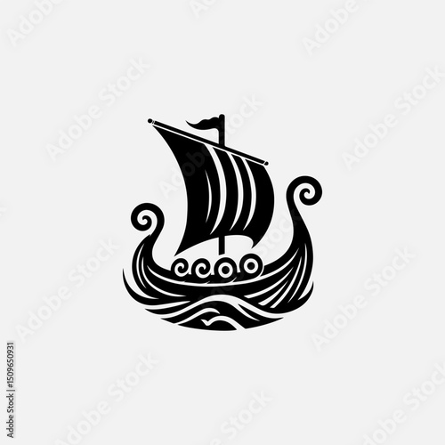 A classic black silhouette vector logo of a traditional Viking longboat sailing on stylized waves