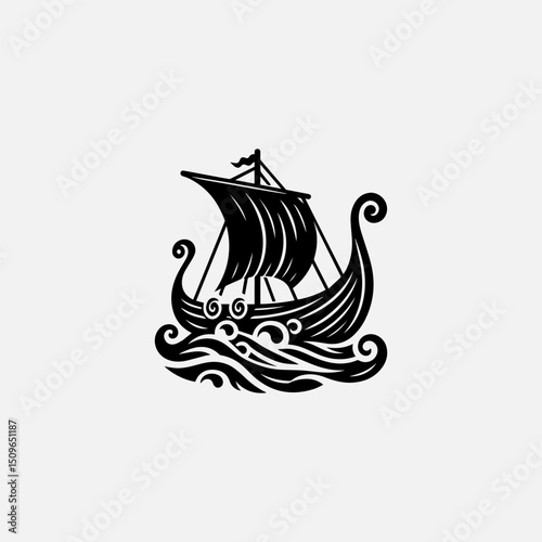 A classic black silhouette vector logo of a traditional Viking longboat sailing on stylized waves