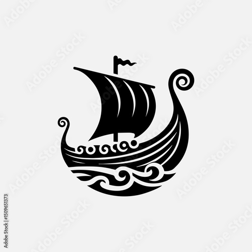 An intricate black silhouette vector logo of a traditional Viking longboat sailing on stylized waves