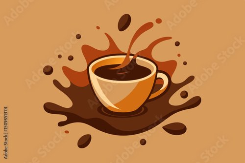 Realistic vector set of elements (coffee beans background, coffee cup, a coffee splash, pile and stain, logo