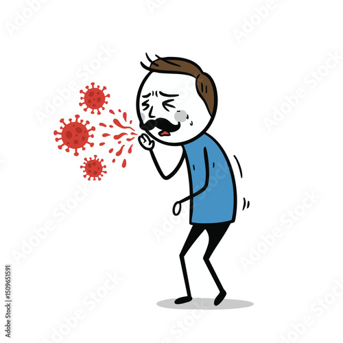 Cartoon vector image, conceptual illustration of a sick infected person, coughing or sneezing, and spreading coronavirus covid-19 or flu infection.