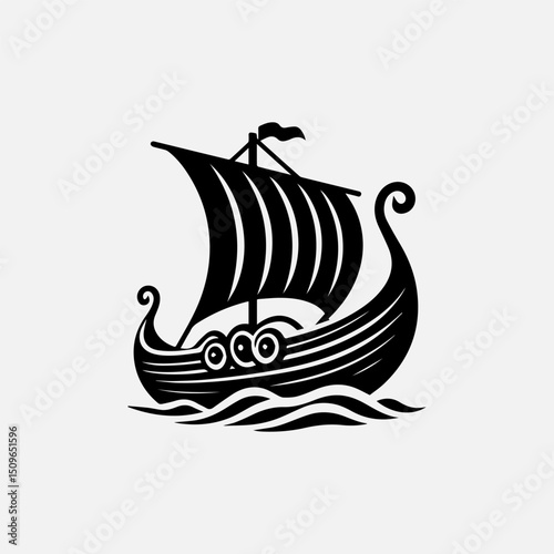 An intricate black silhouette vector logo of a traditional Viking longboat sailing on stylized waves