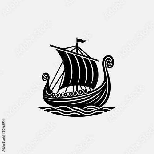 A detailed black silhouette vector logo of a traditional Viking longboat sailing on stylized waves