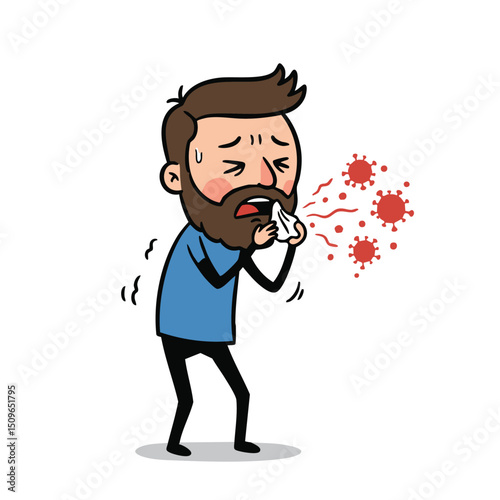Cartoon vector image, conceptual illustration of a sick infected person, coughing or sneezing, and spreading coronavirus covid-19 or flu infection.