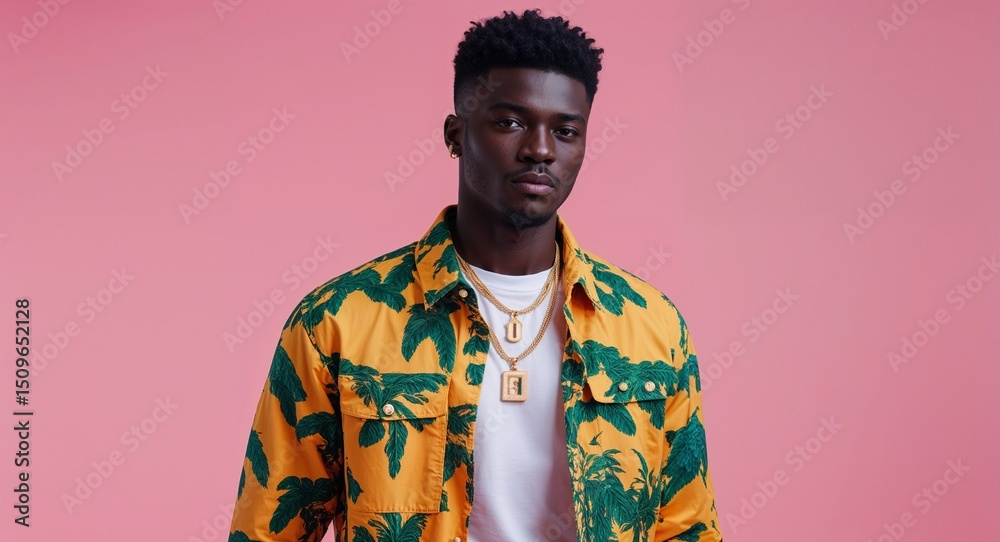 Fototapeta premium African guy in summer concept on pink plain bright background fashion outfit commercial photoshoot pose with copy space