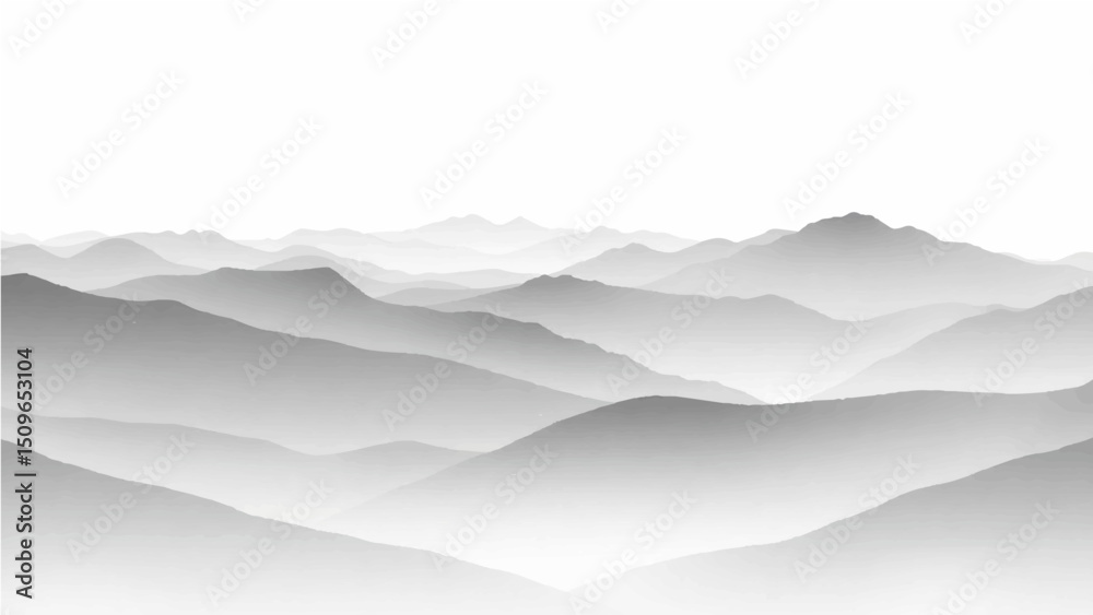 Fototapeta premium Create a minimalist vector illustration of layered mountain ranges in grayscale. The design should feature soft gradients and overlapping silhouettes to convey depth, with the closest mountains in dar