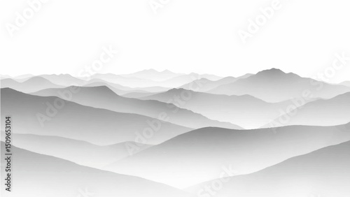 Create a minimalist vector illustration of layered mountain ranges in grayscale. The design should feature soft gradients and overlapping silhouettes to convey depth, with the closest mountains in dar