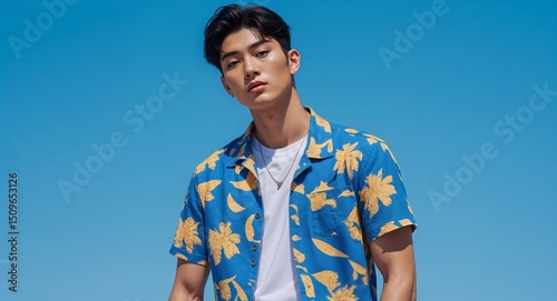 Asian guy in summer concept on blue plain bright background fashion outfit commercial photoshoot pose with copy space