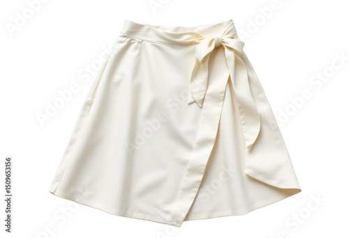 A cream-colored wrap skirt with a side bow tie and a flared silhouette.