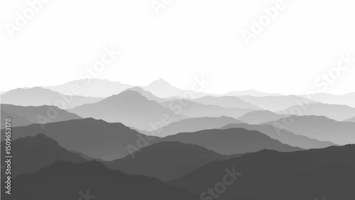 Create a minimalist vector illustration of layered mountain ranges in grayscale. The design should feature soft gradients and overlapping silhouettes to convey depth, with the closest mountains in dar