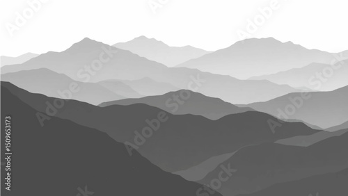 Create a minimalist vector illustration of layered mountain ranges in grayscale. The design should feature soft gradients and overlapping silhouettes to convey depth, with the closest mountains in dar