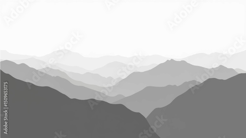 Create a minimalist vector illustration of layered mountain ranges in grayscale. The design should feature soft gradients and overlapping silhouettes to convey depth, with the closest mountains in dar