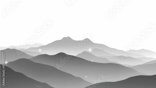 Create a minimalist vector illustration of layered mountain ranges in grayscale. The design should feature soft gradients and overlapping silhouettes to convey depth, with the closest mountains in dar