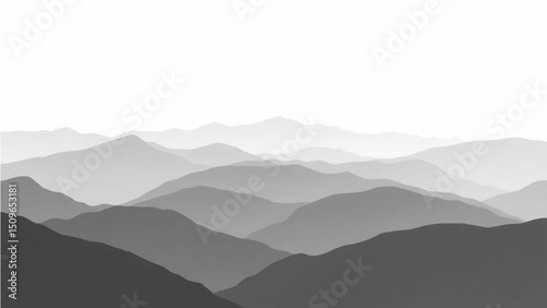 Create a minimalist vector illustration of layered mountain ranges in grayscale. The design should feature soft gradients and overlapping silhouettes to convey depth, with the closest mountains in dar