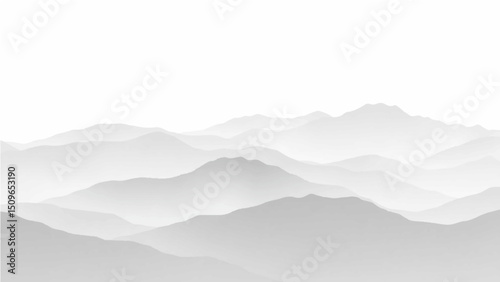 Create a minimalist vector illustration of layered mountain ranges in grayscale. The design should feature soft gradients and overlapping silhouettes to convey depth, with the closest mountains in dar
