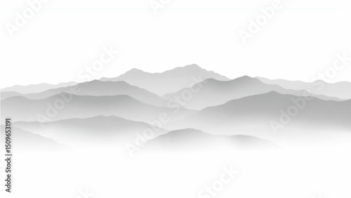Create a minimalist vector illustration of layered mountain ranges in grayscale. The design should feature soft gradients and overlapping silhouettes to convey depth, with the closest mountains in dar
