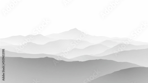 Create a minimalist vector illustration of layered mountain ranges in grayscale. The design should feature soft gradients and overlapping silhouettes to convey depth, with the closest mountains in dar