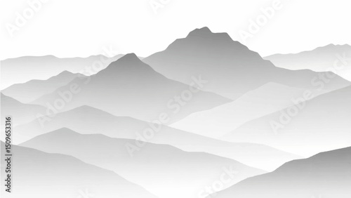 Create a minimalist vector illustration of layered mountain ranges in grayscale. The design should feature soft gradients and overlapping silhouettes to convey depth, with the closest mountains in dar