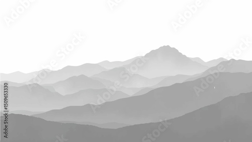 Create a minimalist vector illustration of layered mountain ranges in grayscale. The design should feature soft gradients and overlapping silhouettes to convey depth, with the closest mountains in dar