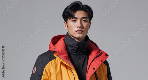 Asian guy in winter concept on black plain bright background fashion outfit commercial photoshoot pose with copy space