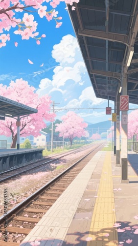 Cherry Blossoms at a Railway Station: A Serene Spring Scene