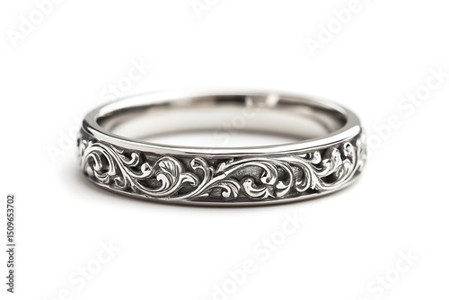 Close up of a silver ring with intricate floral carvings on a white background in soft lighting