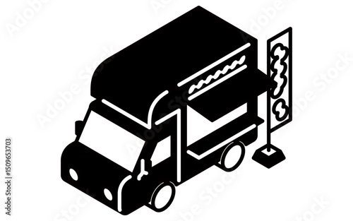 Kitchen car, simple black and white line drawing isometric illustration