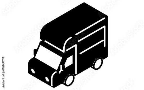 Kitchen car, simple black and white line drawing isometric illustration