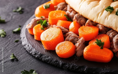 Close-up of a hearty meat and vegetable sandwich photo