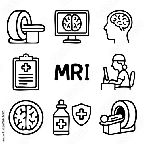 A set of doodle line icons showing MRI machines, brain scans, medical imaging, diagnostic reports, and healthcare professionals