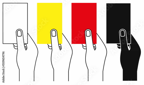 vector outline silhouette Hand holding colored cards illustration, art of referee showing white, yellow, red, and black cards, minimalistic style for icon,logo,symbol,sport,game,design, voting