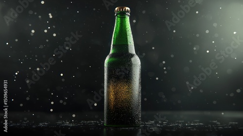 A green beer bottle with condensation on it, standing upright on a dark surface with a blurred background.