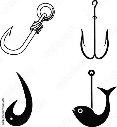 Fishing hook illustration, simple fishing hook icon silhouette, on white background.