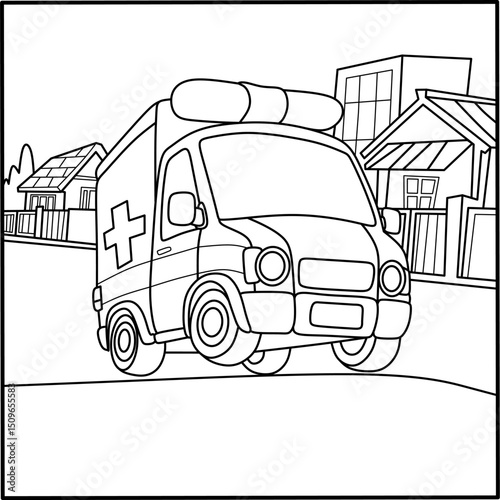 Cute cartoon ambulance on street in black and white line art, perfect for kids coloring pages, printables, and early education activities.