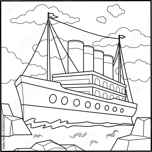 Cartoon icebreaker ship navigating through ice. Large vessel outline for kids' coloring pages, sea exploration themes, and winter activity sheets