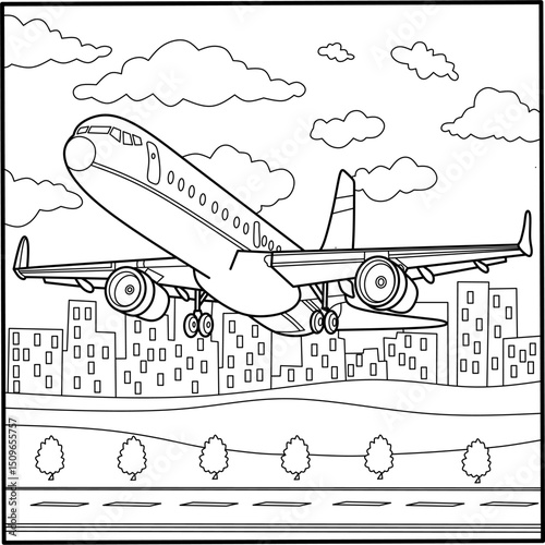 Large passenger airplane taking off from a city, perfect as a detailed coloring page for transportation themes, aviation enthusiasts, and coloring book activities