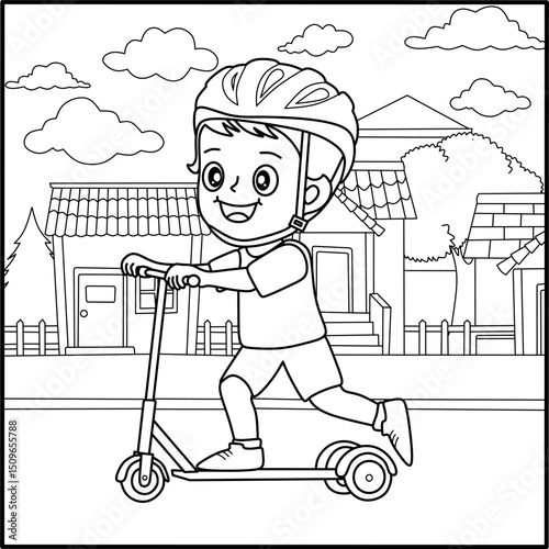 Cute boy riding a scooter on a suburban street, perfect as a joyful coloring page for kids' activities, outdoor play themes, and preschool coloring book designs.
