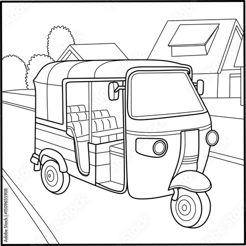 Auto rickshaw (bajaj) coloring page on a street with houses, perfect for kids' printables, Asian travel themes, and urban transport illustrations