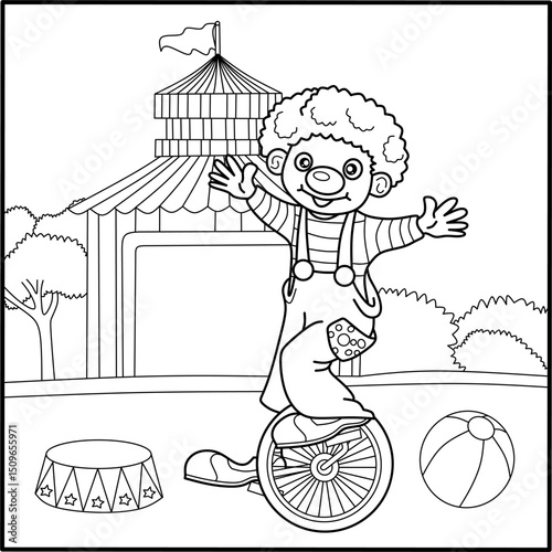 Cute cartoon clown riding a unicycle at a circus, perfect for kids' printables, entertainment themes, and fun activity illustrations.