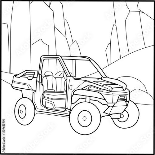 UTV (Utility Terrain Vehicle) coloring page in a rocky landscape, perfect for kids' printables, off-road themes, and adventure illustrations.