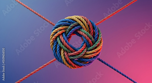 Intertwined Ropes Forming a Central Knot Against a Gradient Background